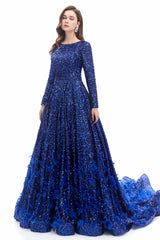 Mermaid Jewel Sequined Floor-length Long Sleeve With Feather Prom Dress-Ballbella