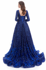 Mermaid Jewel Sequined Floor-length Long Sleeve With Feather Prom Dress-Ballbella