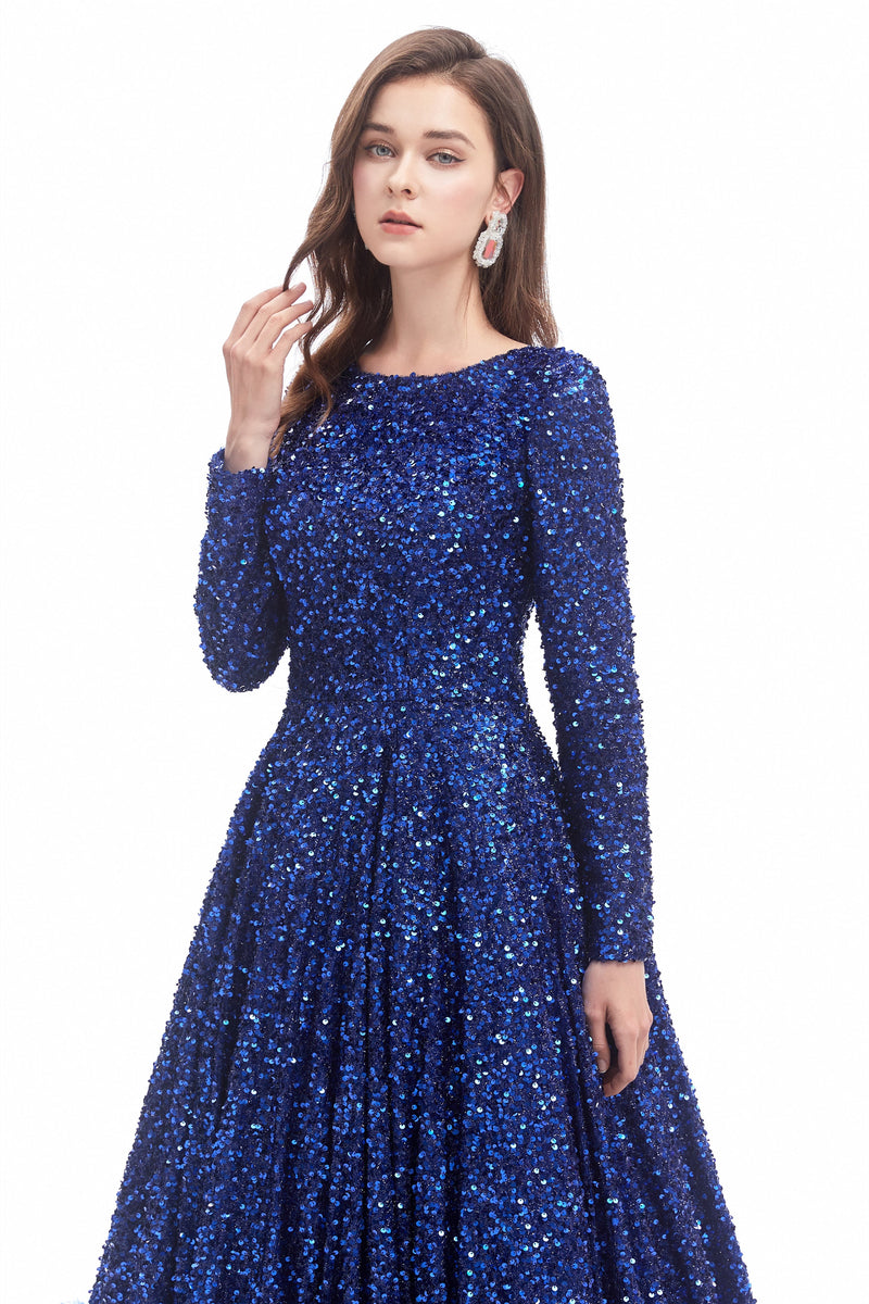 Mermaid Jewel Sequined Floor-length Long Sleeve With Feather Prom Dress-Ballbella