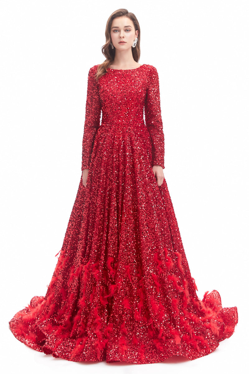 Mermaid Jewel Sequined Floor-length Long Sleeve With Feather Prom Dress-Ballbella