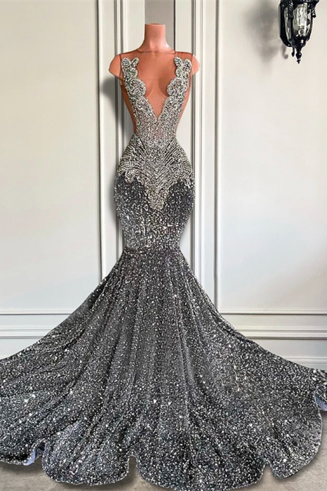 Mermaid Jewel Sequined Floor-length Sleeveless Appliques Lace Prom Dre ...