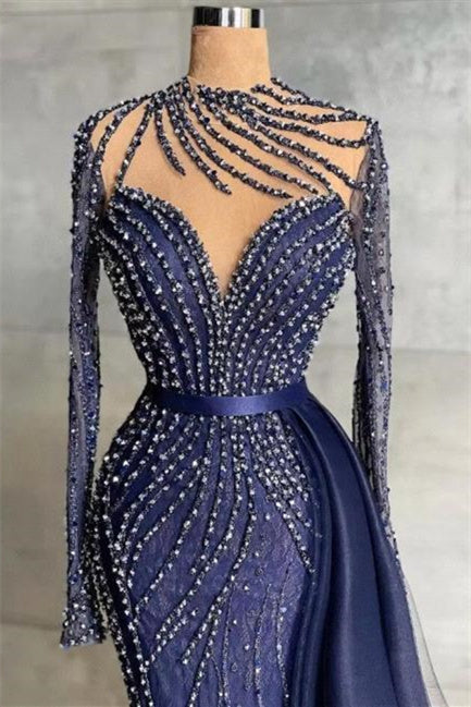 Mermaid Jewel With Side Train Floor-length Long Sleeve Beading Sequined Lace With Side Train Prom Dress-Ballbella