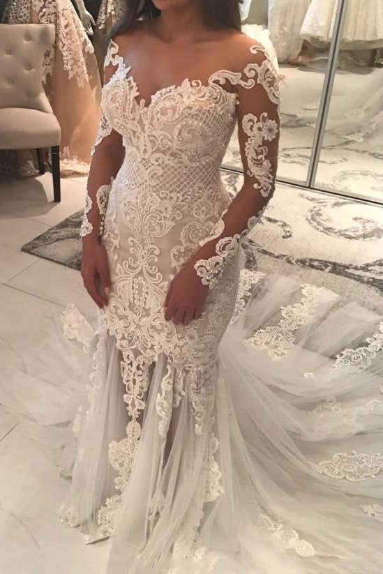 Mermaid Lace Appliques Modern Tulle Wedding Dress Long Sleeves Bride Dress With Long Train-Ballbella