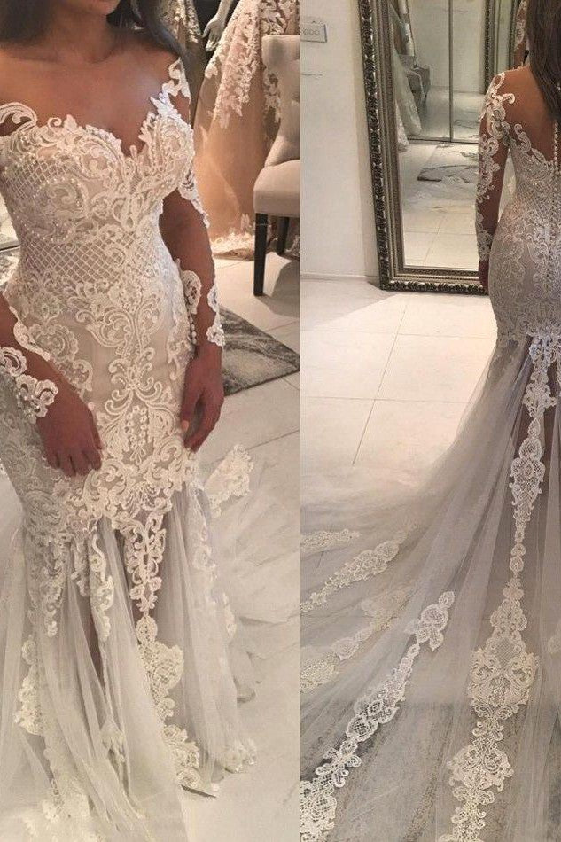 Mermaid Lace Appliques Modern Tulle Wedding Dress Long Sleeves Bride Dress With Long Train-Ballbella