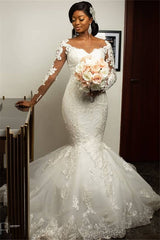 Mermaid Lace Appliques Wedding Dresses with Sleeves Modern Plus Size Bridal Gowns Onine-Ballbella