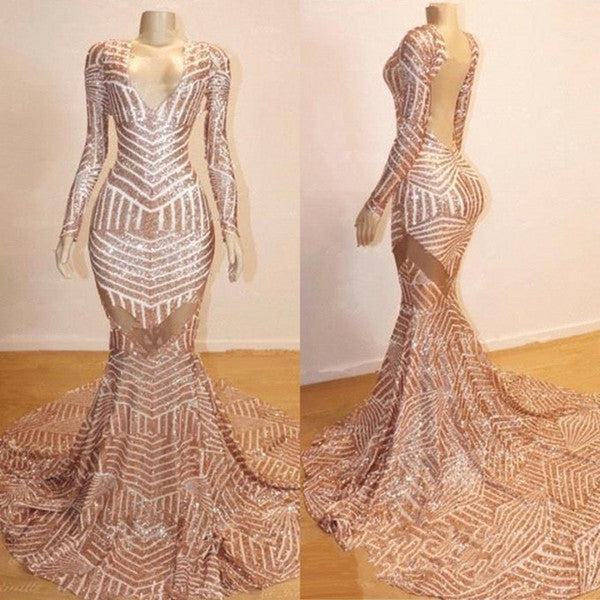 Mermaid Long Sleevess V-neck Sequined Sweep Train Prom Dresses-Ballbella