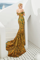 Mermaid Off-the-shoulder Sweetheart Sequined Sleeveless Backless Applique Prom Dress-Ballbella