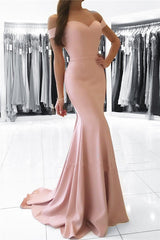 Mermaid Pink Off-the-Shoulder Formal Dress Simpe Elegant Long Evening Dress-Ballbella