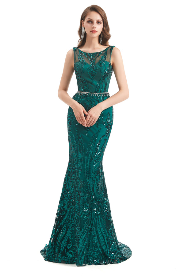 Mermaid Round Beaded Sleeveless Lace Sequined Floor-length Open Back Prom Dress-Ballbella