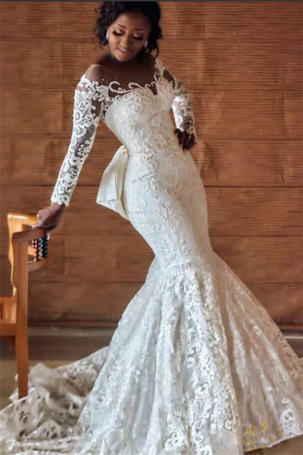 AmazingLong Train Lace Open back Mermaid White Wedding Dresses – Ballbella