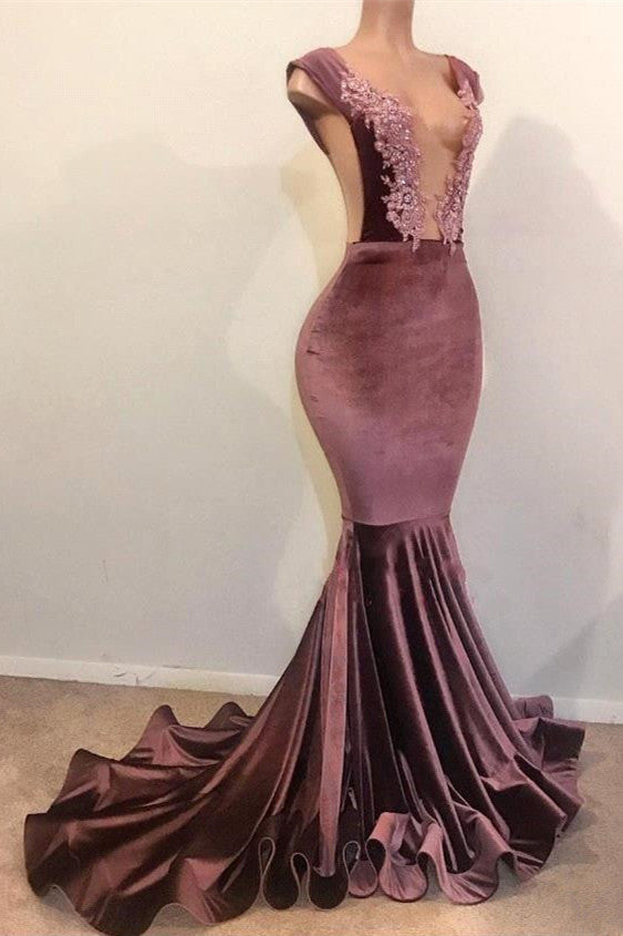 Ballbella offers Mermaid Sleeveless Floor Length Appliques Velvet Prom Dresses at a cheap price from Mermaid hem.. Check our Gorgeous yet affordable real model series,  all in latest design with delicate details.