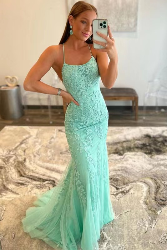 Mermaid Spaghetti strap Floor-length Sleeveless Open Back Appliques Lace Prom Dress-Ballbella