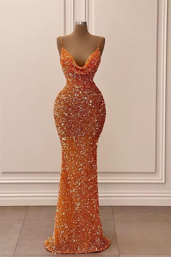 Mermaid Spaghetti strap Sequined Floor-length Sleeveless Elegant Prom Dress-Ballbella