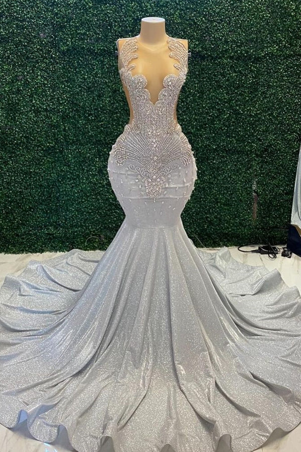 Mermaid Sparkle Silver Beaded Long Prom Dresses-Ballbella