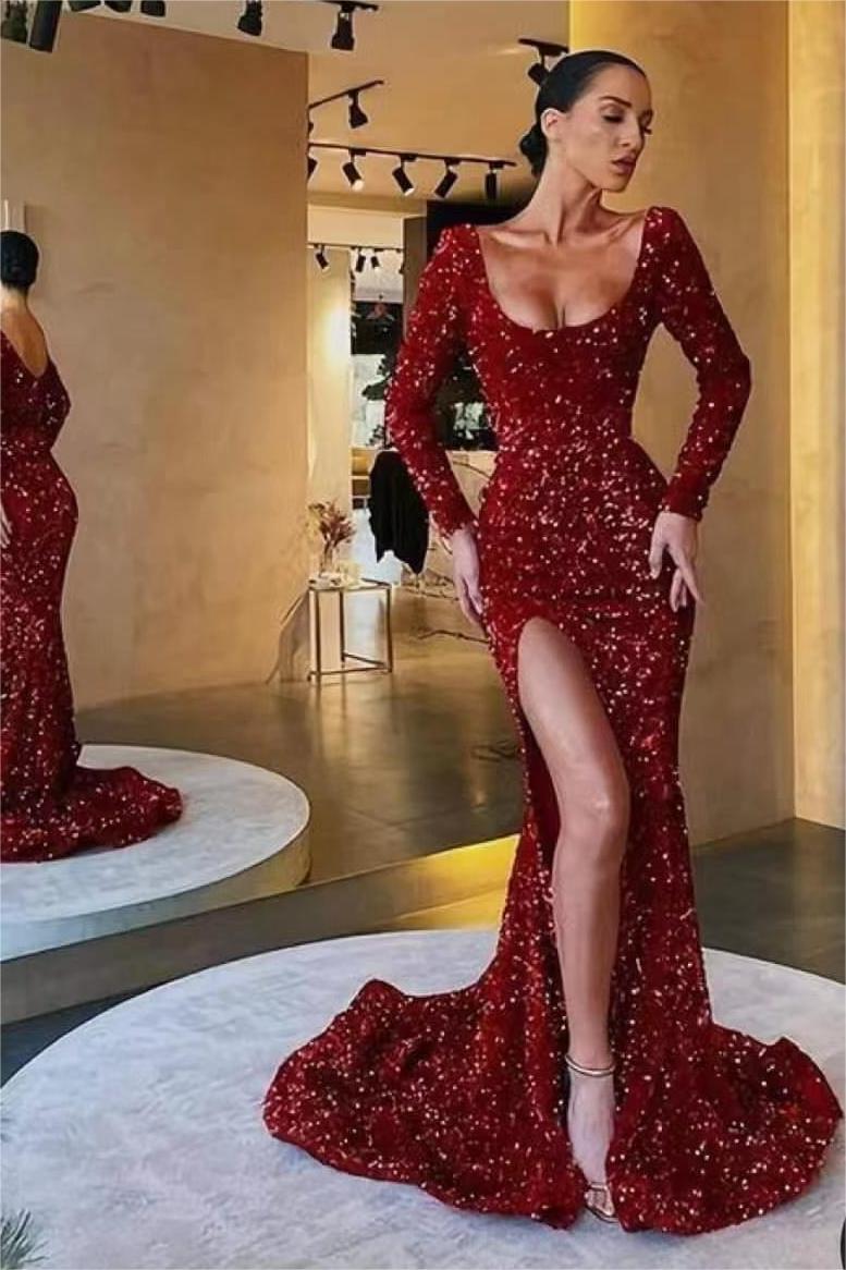 Mermaid Square Neckline Sequined Floor-length Long Sleeve Backless High Split Prom Dress-Ballbella