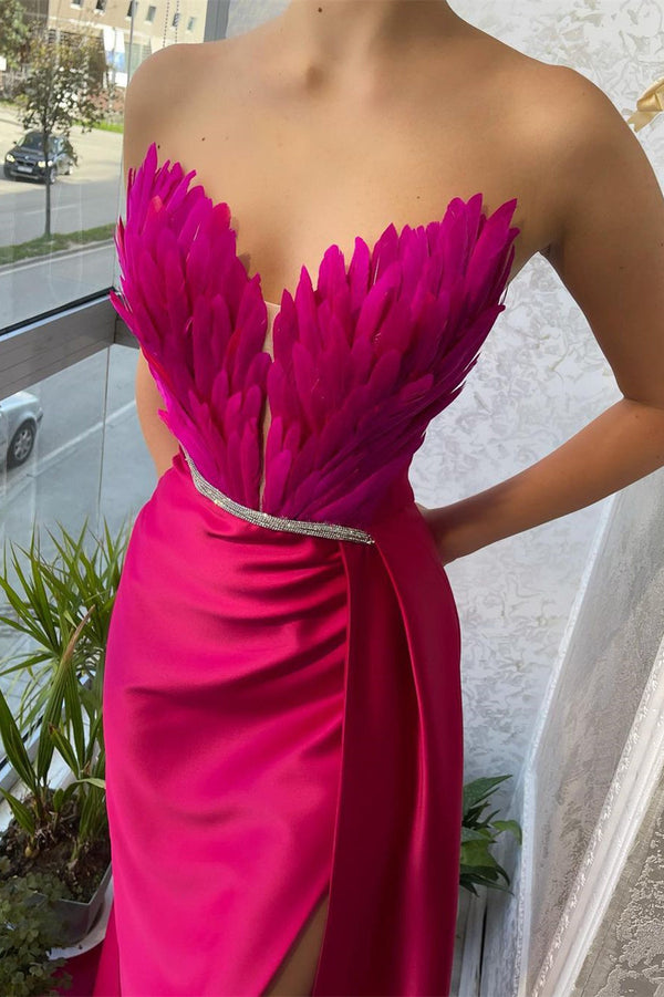 Mermaid Strapless Asymmetrical Floor-length Sleeveless Open Back Side Train High Split Prom Dress-Ballbella