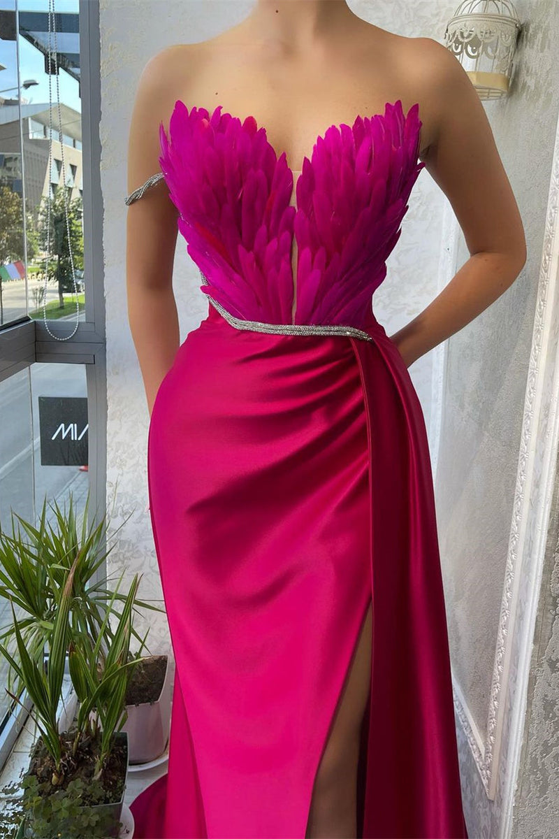 Mermaid Strapless Asymmetrical Floor-length Sleeveless Open Back Side Train High Split Prom Dress-Ballbella