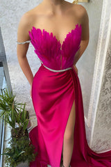 Mermaid Strapless Asymmetrical Floor-length Sleeveless Open Back Side Train High Split Prom Dress-Ballbella