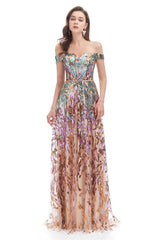 Mermaid Strapless Off-the-shoulder Sequined Floor-length Sleeveless Open Back Prom Dress-Ballbella