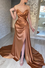 Mermaid Strapless Sweetheart Floor-length Multiple-Layers Sleeveless Open Back Side Train High Split Prom Dress-Ballbella