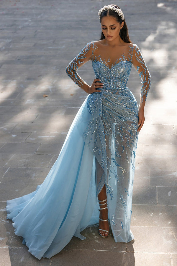 Mermaid Strapless Sweetheart Floor-length With Side Train Appliques Lace High Split Long Sleeve Prom Dress-Ballbella