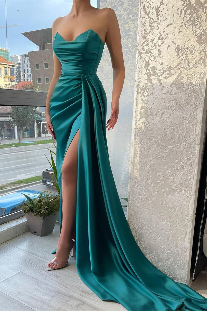 Mermaid Strapless Sweetheart Ruffles Floor-length Sleeveless Open Back Side Train High Split Prom Dress-Ballbella