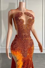 Mermaid Style Burnt Orange Sequins Prom Dress with Side Slit Long Length Beadings and Feathers-Ballbella