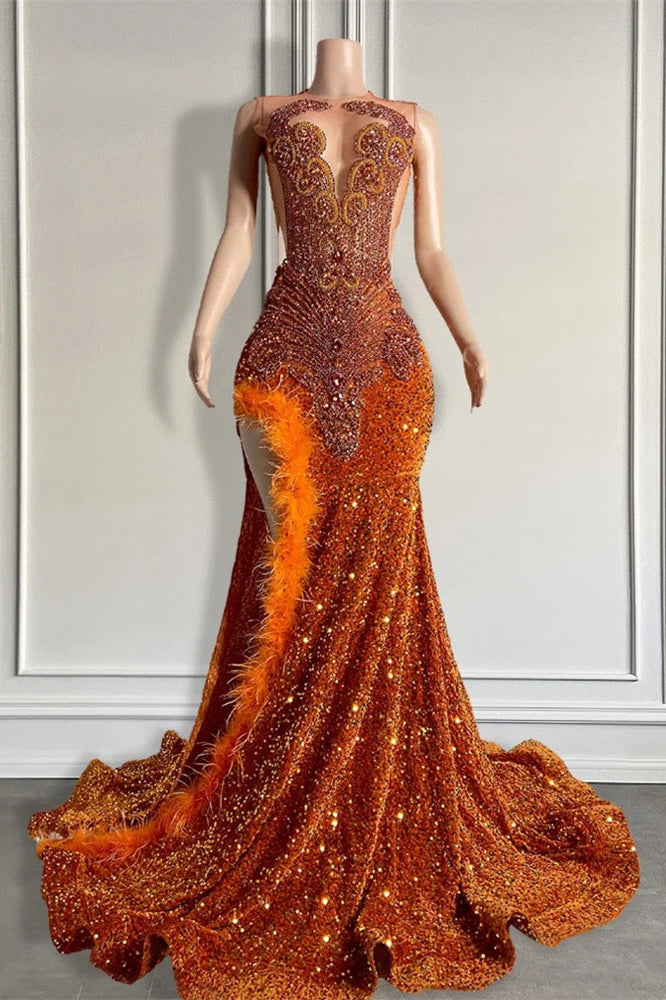 Mermaid Style Burnt Orange Sequins Prom Dress with Side Slit Long Length Beadings and Feathers-Ballbella