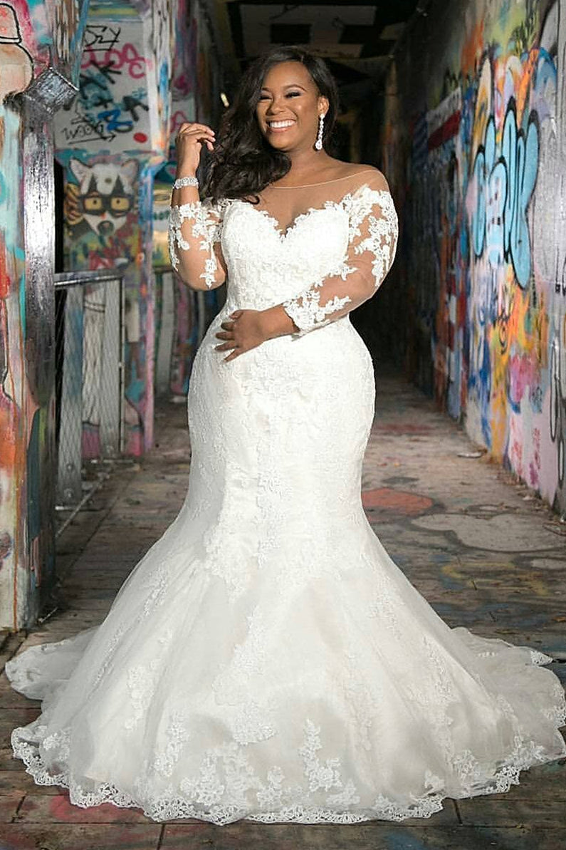 Mermaid Sweetheart Floor Length Long Sleeves Tulle Applique Wedding Dress-Ballbella