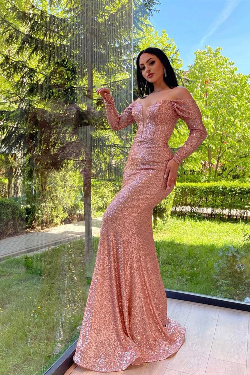 Mermaid Sweetheart Strapless Sequined Floor-length Long Sleeve Elegant ...