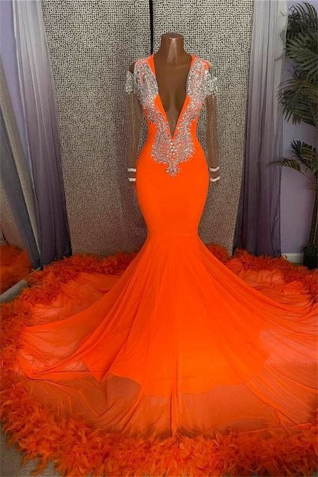 Mermaid V-neck Beaded Sequined Floor-length Long Sleeves With Feather Prom Dress-Ballbella