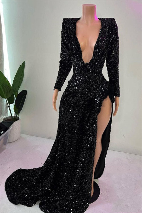 Mermaid V-neck High Split Sequined Floor-length Long Sleeve Prom Dress-Ballbella