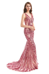 Mermaid V-neck Lace Sequined Floor-length Sleeveless Open Back Prom Dress-Ballbella