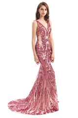 Mermaid V-neck Lace Sequined Floor-length Sleeveless Open Back Prom Dress-Ballbella