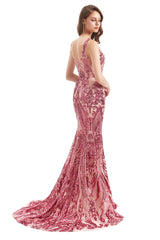 Mermaid V-neck Lace Sequined Floor-length Sleeveless Open Back Prom Dress-Ballbella