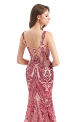 Mermaid V-neck Lace Sequined Floor-length Sleeveless Open Back Prom Dress-Ballbella