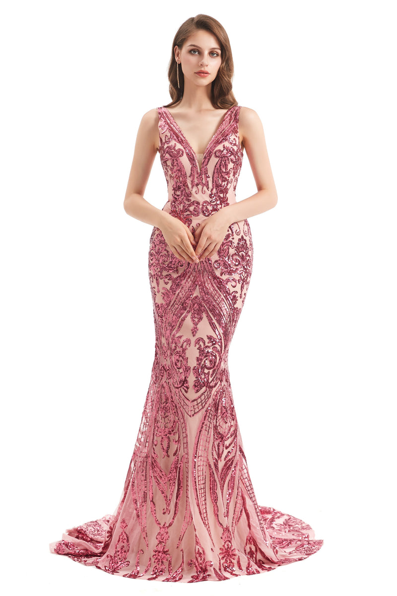 Mermaid V-neck Lace Sequined Floor-length Sleeveless Open Back Prom Dress-Ballbella