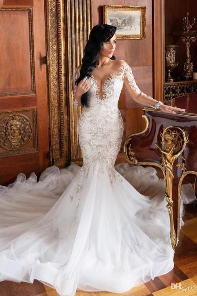 Mermaid V-neck Long Sleeves Floor Length Tulle Beading Applique Wedding Dress-Ballbella