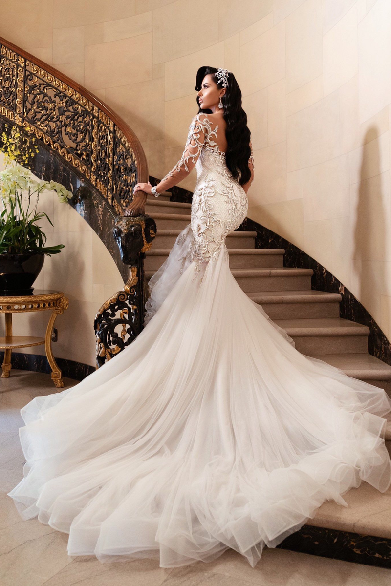 Mermaid V-neck Long Sleeves Floor Length Tulle Beading Applique Wedding Dress-Ballbella