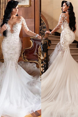 Mermaid V-neck Long Sleeves Floor Length Tulle Beading Applique Wedding Dress-Ballbella