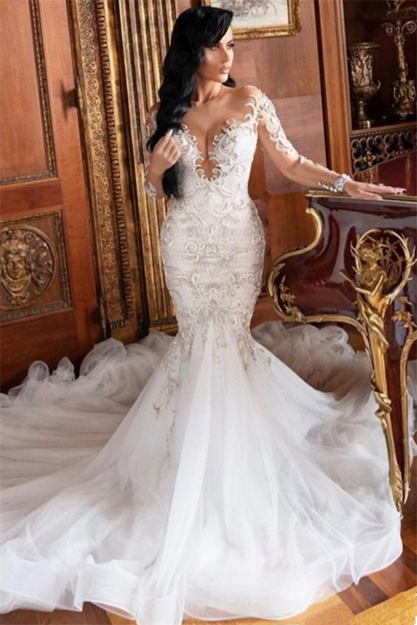 Mermaid V-neck Long Sleeves Floor Length Tulle Beading Applique Wedding Dress-Ballbella