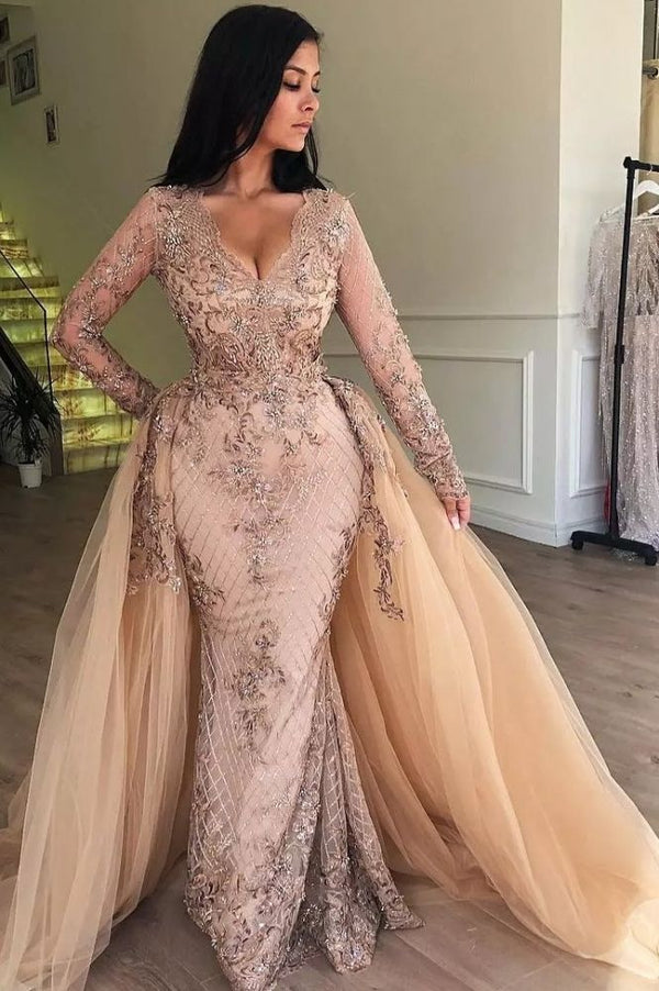 Ballbella offers Mermaid V-neck Long Sleevess Appliques Prom Dresses with Detachable Skirt at a cheap price from Same as Picture, White, Blushing Pink, Candy Pink, Dusty Rose, Champagne, Yellow, Lilac, Pool, Silver, Mint Green,  to Mermaid Floor-length hem. Gorgeous yet affordable Long Sleevess .