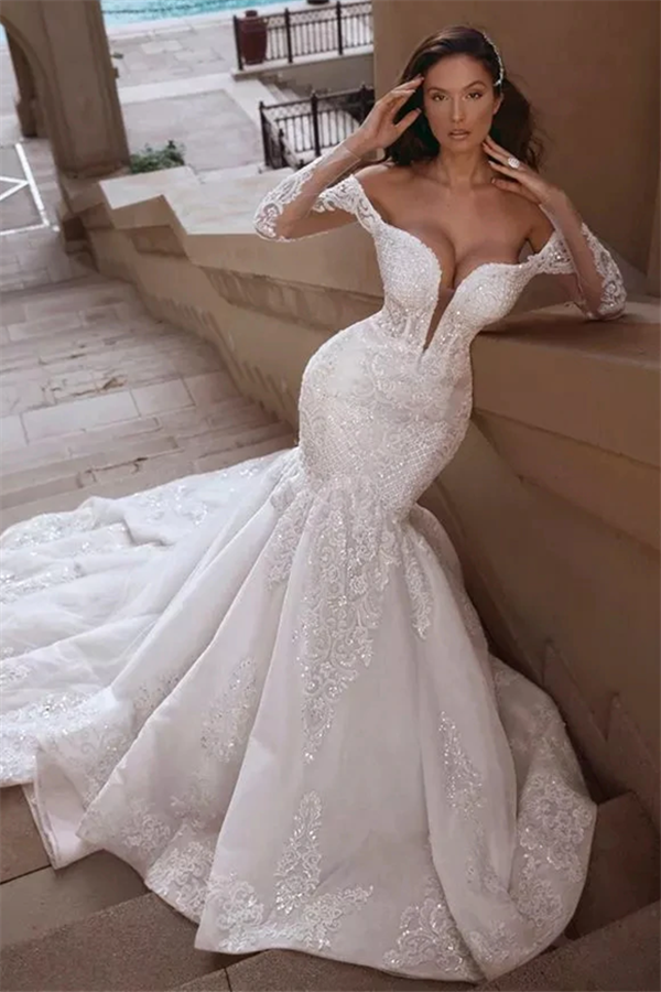 Mermaid V-neck Off-the-shoulder Long Train Organza Paillette Applique Wedding Dress-Ballbella