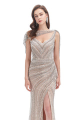 Mermaid V-neck Sequined Beading With Shawl High Split Floor-length Sleeveless Prom Dress-Ballbella