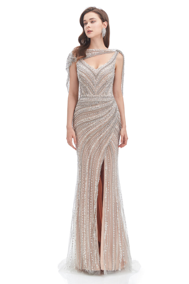 Mermaid V-neck Sequined Beading With Shawl High Split Floor-length Sleeveless Prom Dress-Ballbella