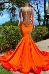 Mermaid V-neck Sequined Open Back Floor-length Sleeveless Lace Beading Prom Dress-Ballbella