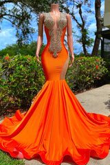 Mermaid V-neck Sequined Open Back Floor-length Sleeveless Lace Beading Prom Dress-Ballbella