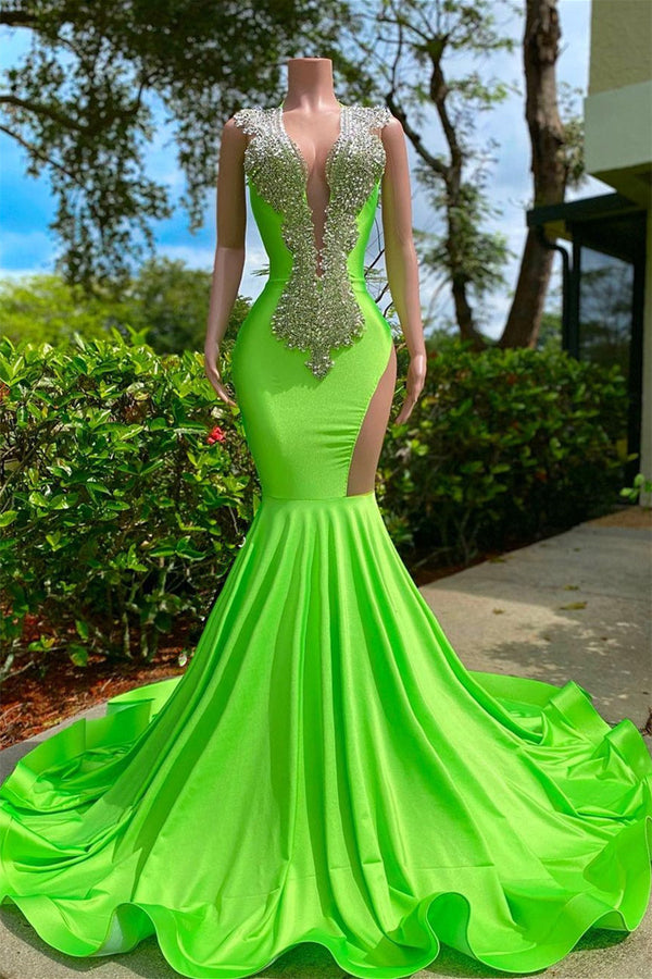 Mermaid V-neck Sequined Open Back Floor-length Sleeveless Lace Beading Prom Dress-Ballbella