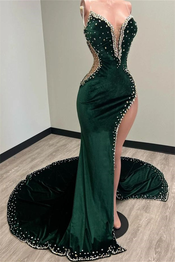 Mermaid V-neck Spaghetti strap Beaded High Split Floor-length Sleeveless Prom Dress-Ballbella