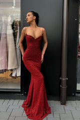 Mermaid V-neck Spaghetti Strap Floor Length Paillette Prom Dress-Ballbella